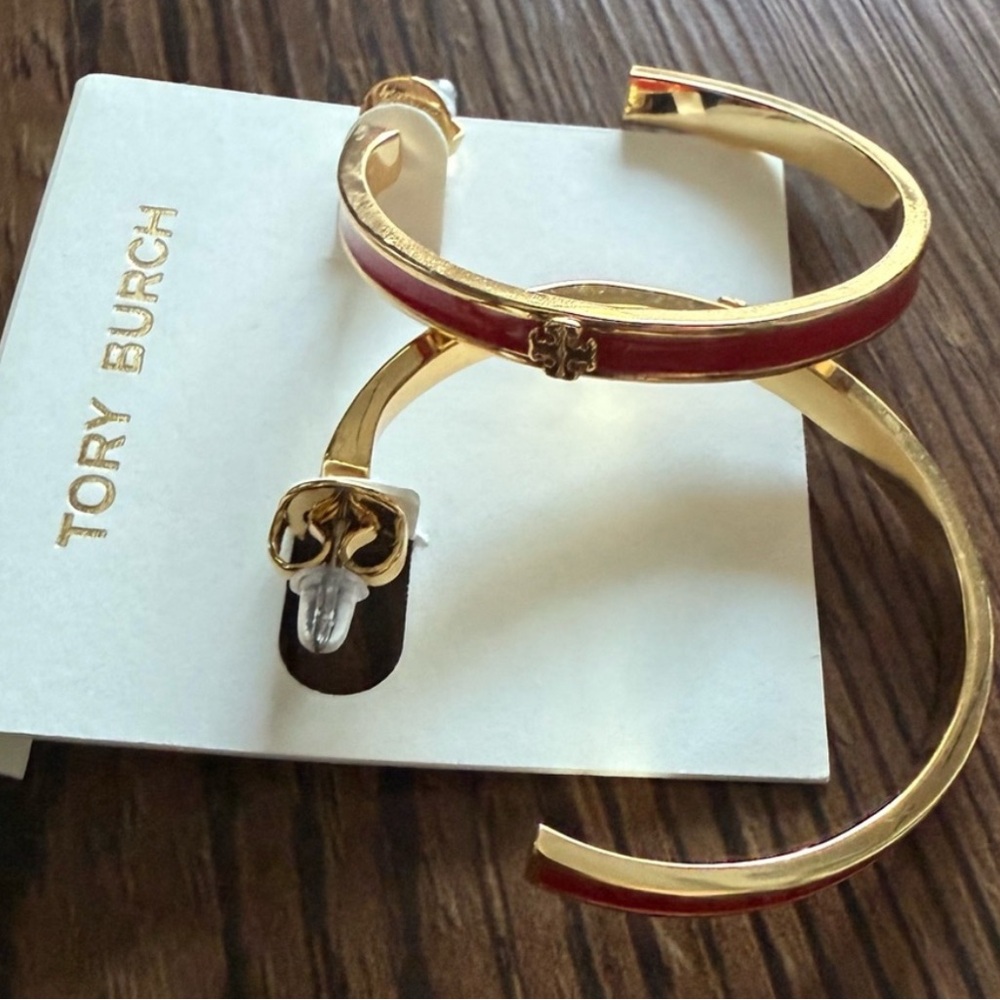 Gold and Red Hoop Earrings - Picture 4 of 7